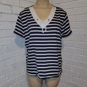 XL Sag Harbor Blue & White Striped Top - Nautical V-Neck with Lace-Up Detail